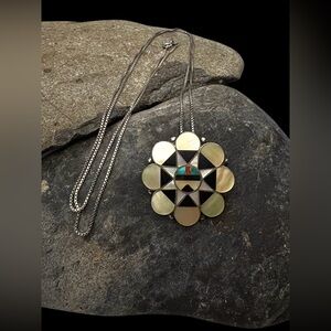 Zuni Native American Sterling Silver Multi Stone Inlay Sunface Pendant Necklace